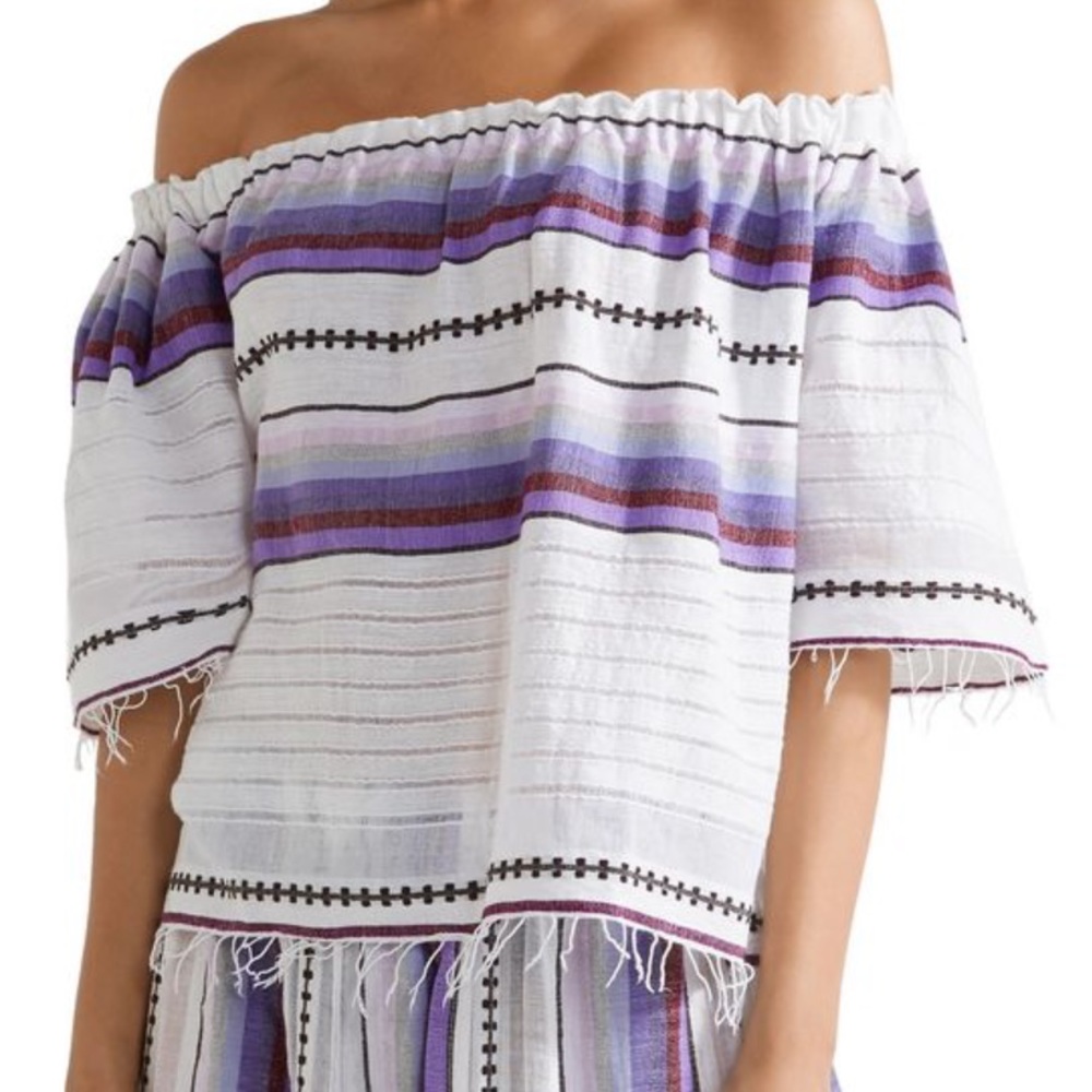 Lemlem White Off-Shoulder Top with Purple Stripes